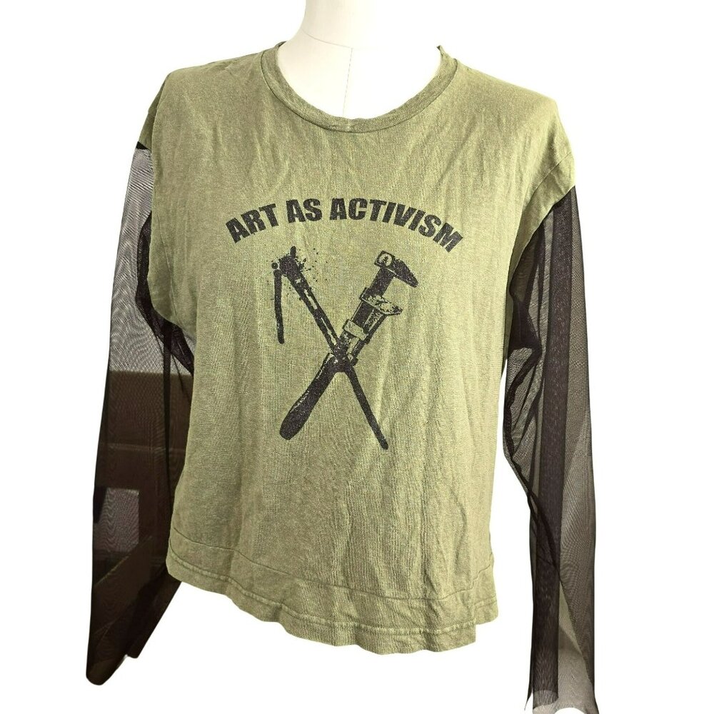 Art As Activism Graphic Tee With Sheer Black Sleeves Grunge Olive Green jj3727